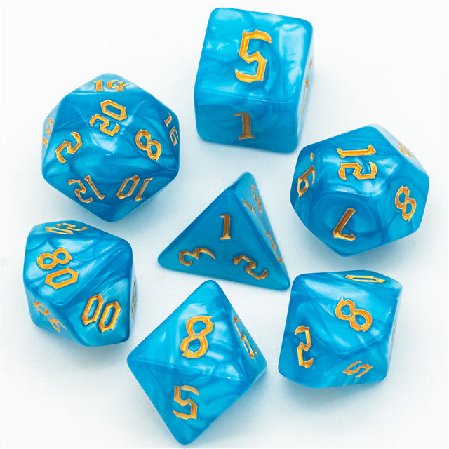 Blue Macaron 7-Dice Blend Set w/Gold Numbers
