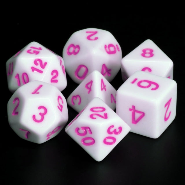 White Opaque with Purple/Pink Numbering 7-Dice Set RPG