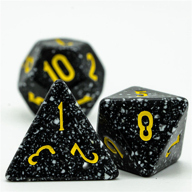 Freckled Black-&-White Homage 7-Dice Set w/Yellow Numbers Minimalist