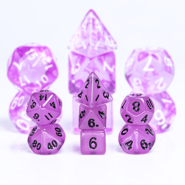 Purple Glow 7-Dice Mini-Dice RPG Set w/Black Numbers Miniature Dice