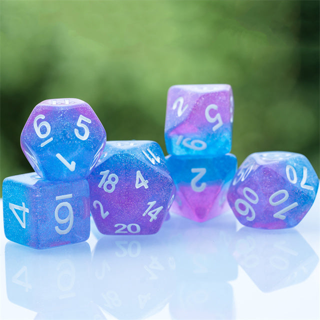 Purple Blue Two Tone 7-Dice Dnd Dice | Glitter w/White Numbers Set