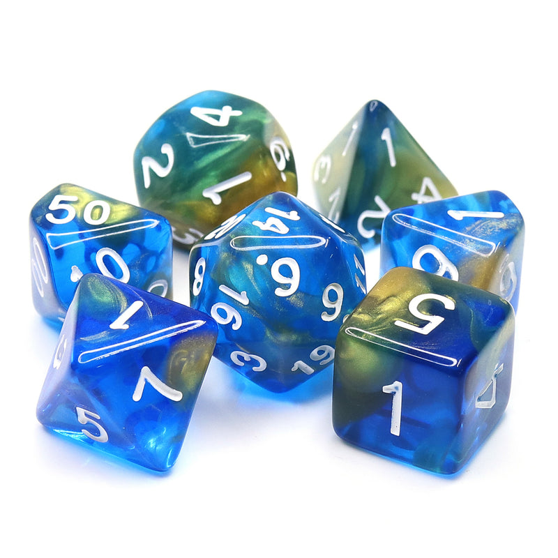 Starry Night Glitter Blue with White Numbering 7-Dice Set RPG