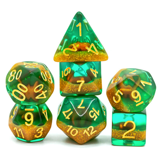 Green and Gold Starfish Dice 7-Dice Set Resin Dungeons and Dragons Dice
