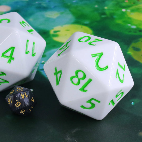 55mm Titan d20 (White with Green) Huge d20 for DND RPG
