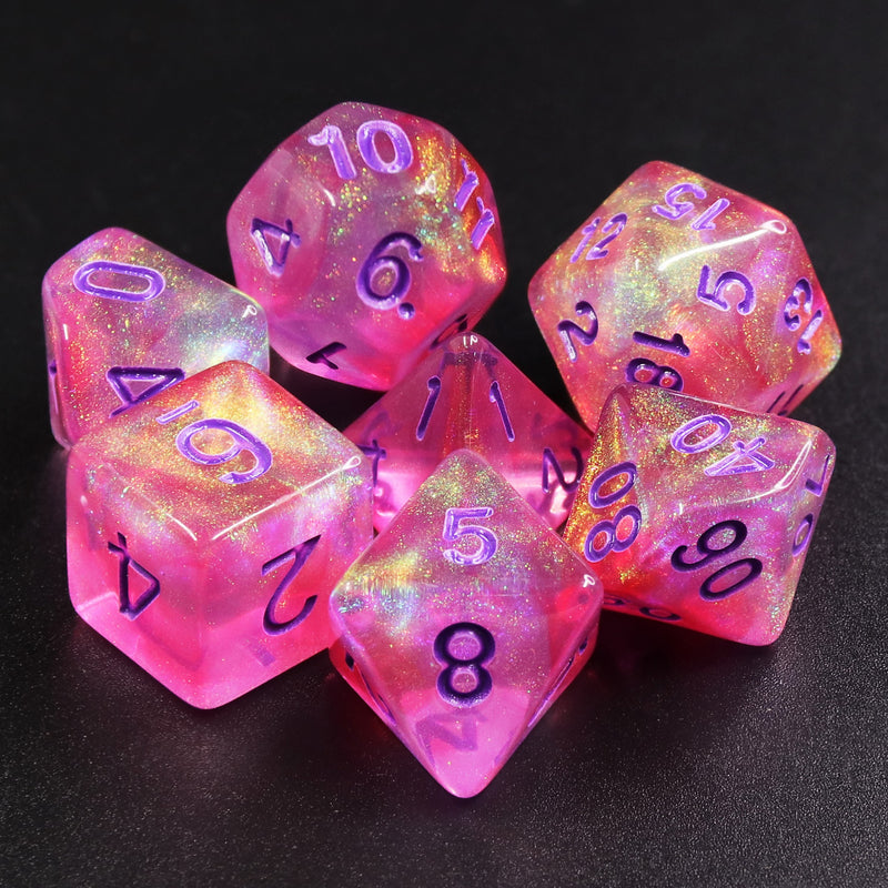 Cheshire Glitter Pink with Purple Numbering 7-Dice Set RPG