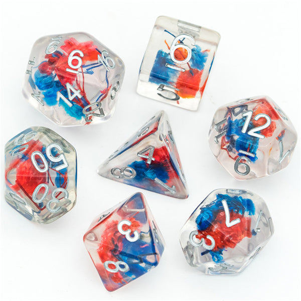 Blue & Red Clear Dice w/ Silver Numbers 7-Dice Set Rpg