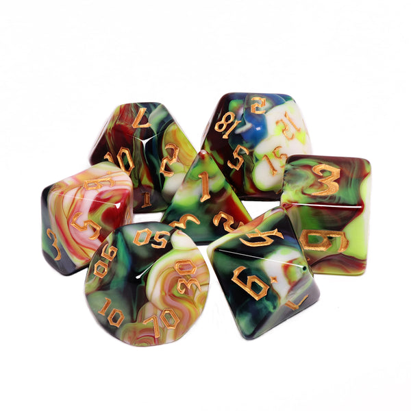 Secret Garden 7-Dice Set Blue/White/Green/Red  w/Gold Numbers Dnd Dice Set