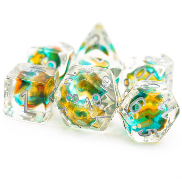 Teal & Orange Colorful Glass Bead Dice 7-Dice Set Resin