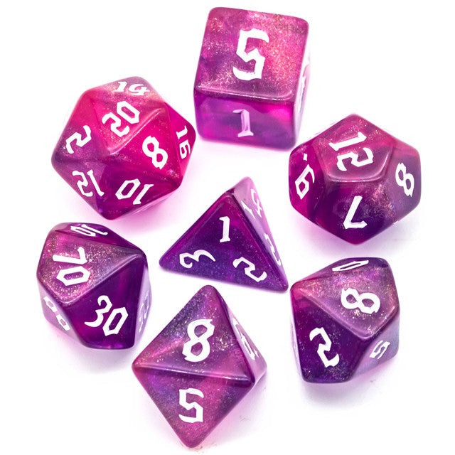 Purple + Red Glitter Party Dice (White font) 7-Dice Set RPG DND