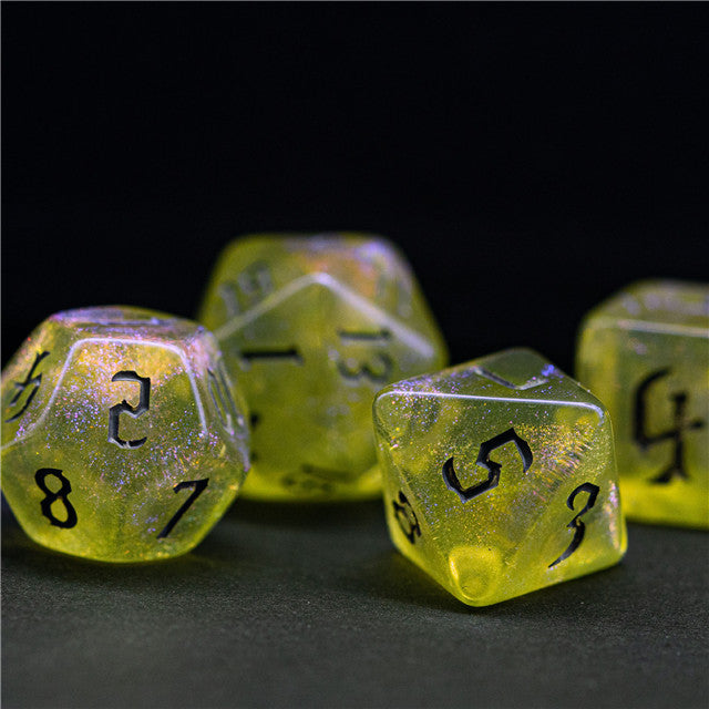 Yellow Glitter Party Glitter Dice (Silver font) 7-Dice Set RPG DND