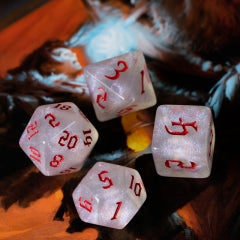 Glitter Party White Glitter Dice (Red font) 7-Dice Set