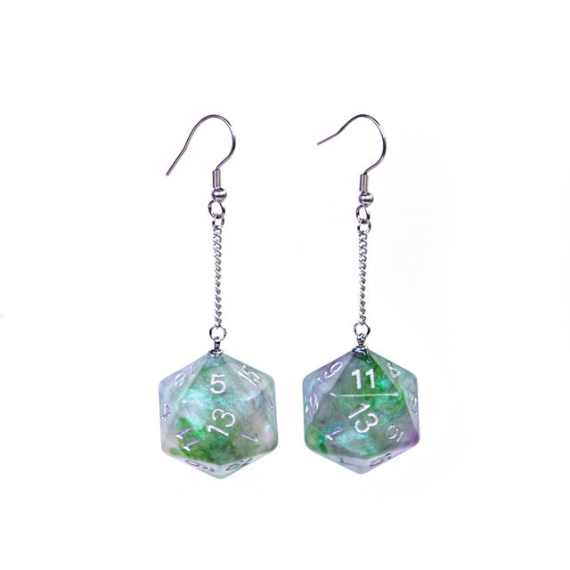 Glitter Green Dice Earrings: D20 Dice Spinning Colors Nerdy RPG Jewelry