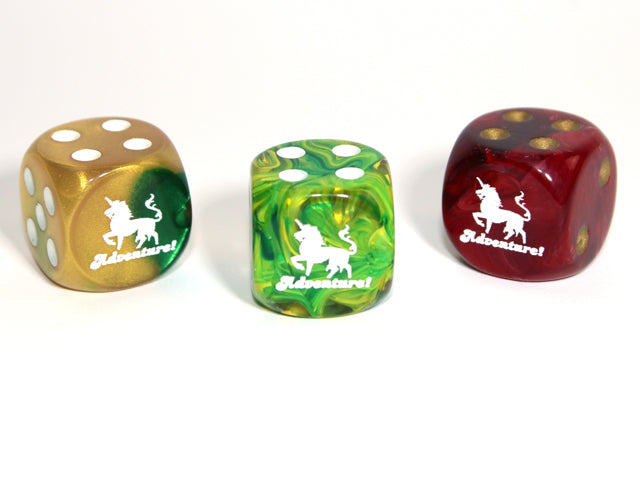 Adventure (Unicorn) d6 16mm Pipped (Custom engraved) (Dice colors are at random)