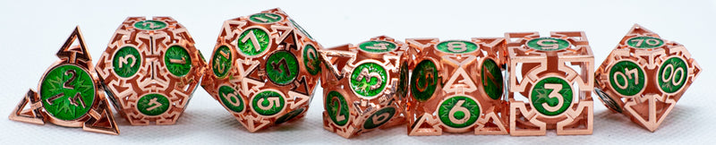 Rose Gold w/Green Deadly Arrow Dice | 7-Dice RPG Set High Visibility