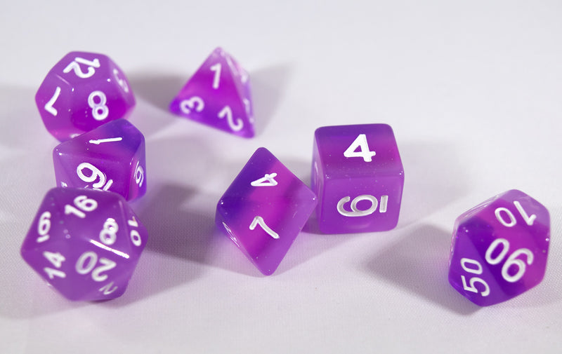 Translucent Purple Aurora Poly Dice Set Purple Violet (7) White Numbers New RPG DnD HDdice