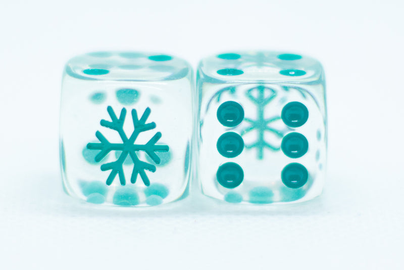 10-Pack Clear w/Teal 16mm d6 Dice Featuring a Snowflake on the '1' side