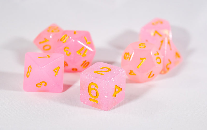 Sparkling Glitter Pink with Gold Numbers Poly Dice Set (7) RPG DnD HDdice