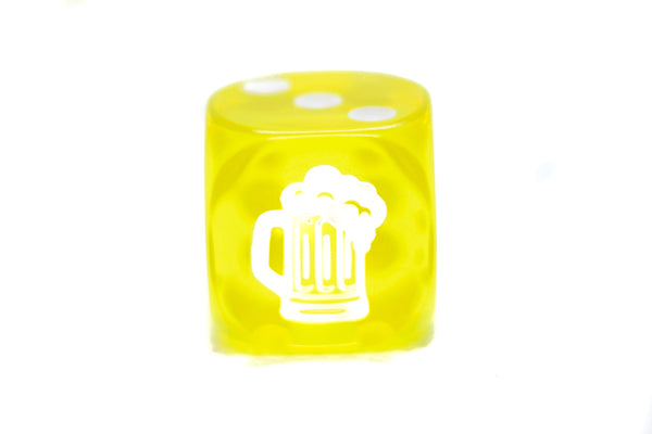 Clear Yellow w/White 16mm d6 Dice Featuring a White Mug on the '1' side (sold per die)