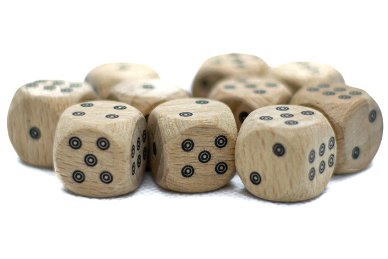10-Pack Birds-Eye Wooden 16mm d6 Dice w/ Black Dots Rounded Corners - Wood Dice