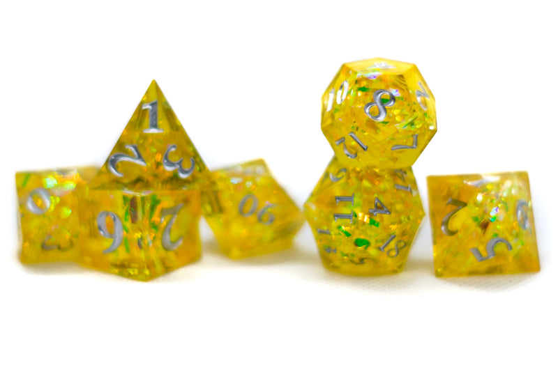 Yellow Shimmer w/silver  7-Dice Set Resin Sharp Edge RPG DND