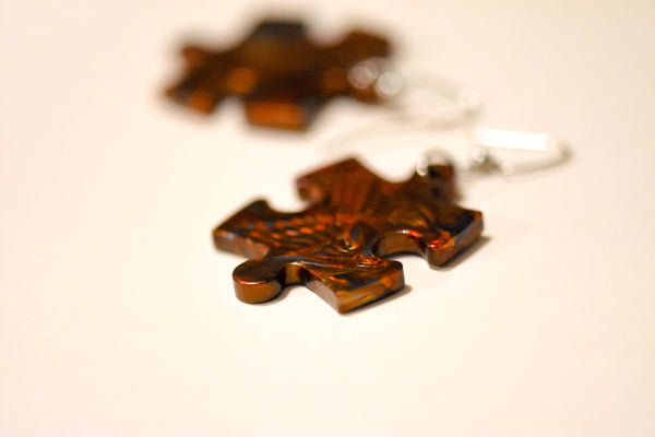 Earrings Scarab Puzzle Piece Pair (Orange/Brown)