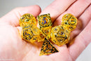 Gold Metal Hollow Gear Dice with Blue Numbers 7-Dice Set