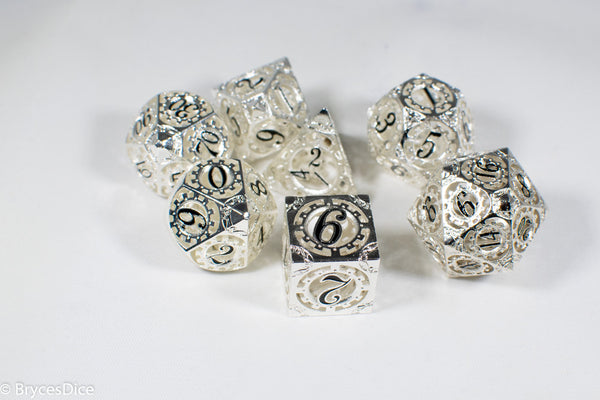 Silver Metal Hollow Gear Dice with Black Numbers 7-Dice Set
