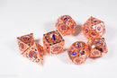 Rose Gold Metal Hollow Gear Dice with Blue Numbers 7-Dice Set