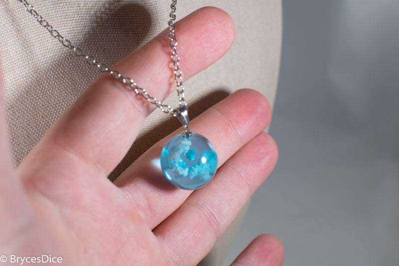 Cloudy Sky Blue Resin Sphere Necklace Pendant White Clouds