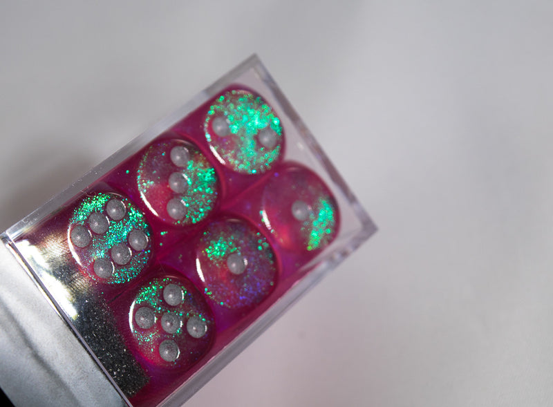 Old Glitter Borealis Pink/Silver d6 Block Dice RARE OOP Chessex 27604 16mm