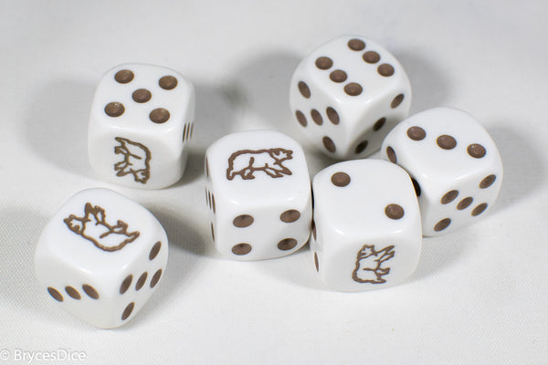 White Dice with Brown Bear; 6 Sided Bunco RPG Game D6 16mm Roll Rounded Corner