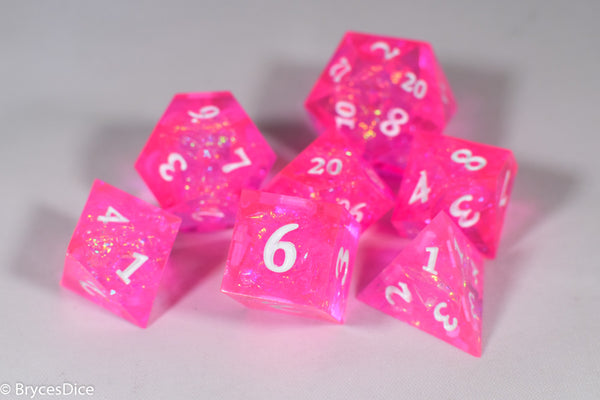 Fairy Flare Sharp Edge Resin 7-Dice Dice (Pink w/ White Numbers)