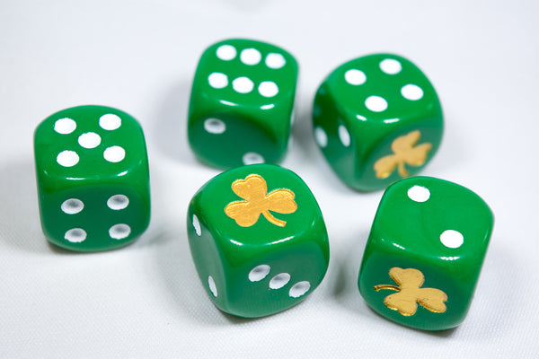 Gold Shamrock Opaque Green Die 16mm D6 Chessex Dice - with White Pips