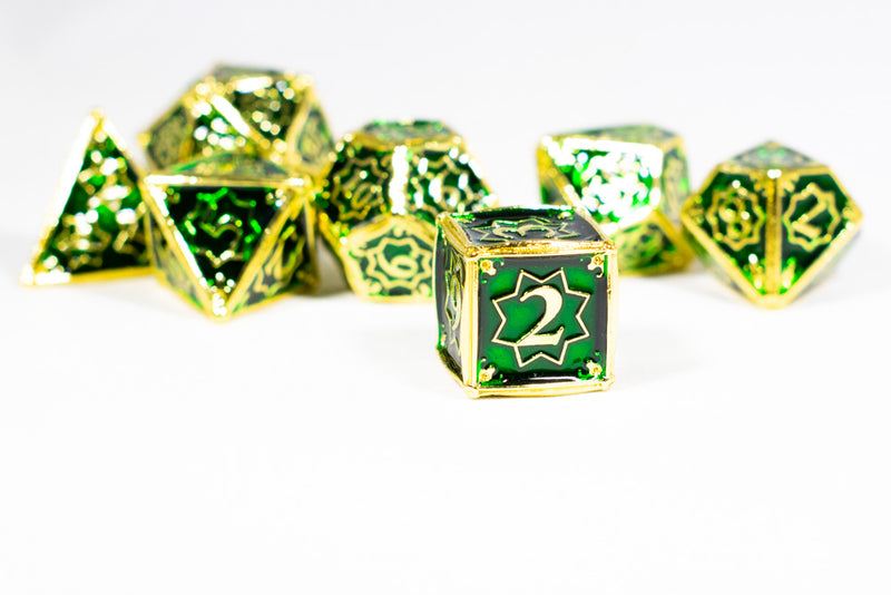 Celtic Shards 7-Dice Metal Set Gold w/ Green Fill {North Star Dice Collection}