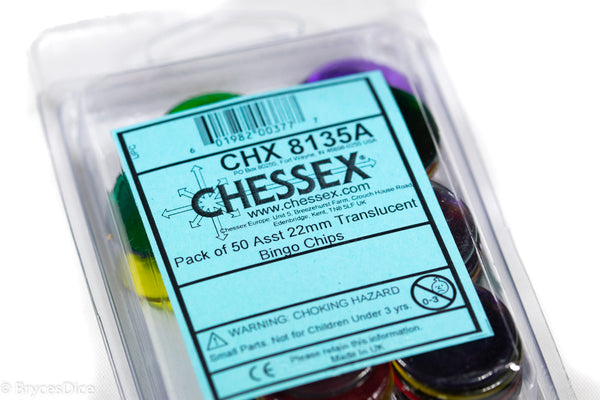 Pack of 50 Assorted 22mm Translucent Bingo Chips by Chessex