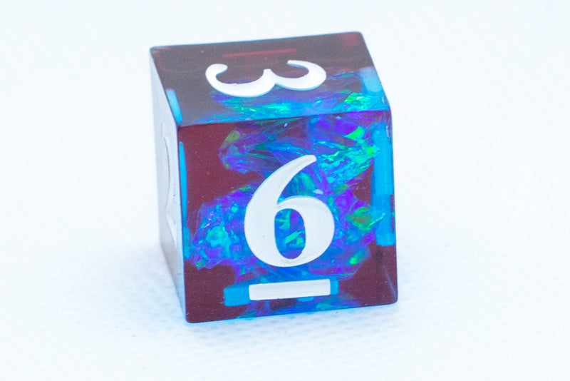 Blue on Red Sharp Edge Resin d6 / d20-Dice (Blue- Red w/ White Numbers)