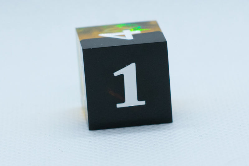 Infection Sharp Edge Resin d6/d20-Dice (Black & Yellow w/White Numbers) [subtle imperfection]