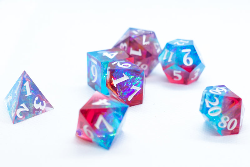 Infected Sharp Edge Resin 7-Dice Dice (Blue Red w/ White Numbers)