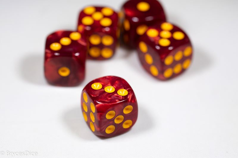 Pearl/Swirl Pipped d6 Dice Orange/Pink/Maroon/Electric Yellow/Brown/Blue/Green/Cranberry 16mm (SOLD BY PIECE)