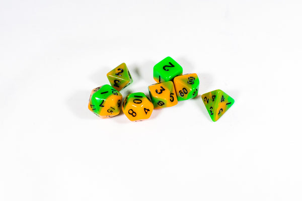 Vibrant Orange & Green Miniature Poly Dice Set Small (7) RPG DnD Mini