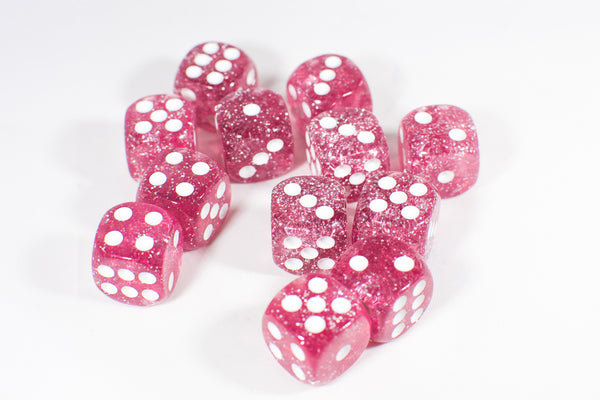 Pink with Glitter D6 16mm Pipped Dice (sold by the piece)