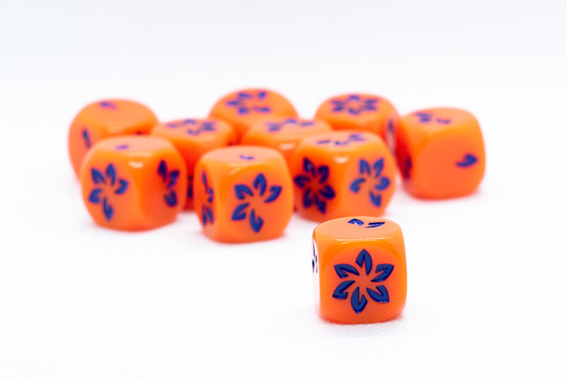 Orange w/Blue Falling Petals Dice 16mm D6 Flower Dice (sold per die)