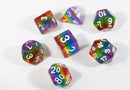 Translucent rainbow dice. Red, orange, yellow, green, blue, and purple color. Beautiful color with clear and easy to read numbers. Sold by the great BrycesDice and manufactured by the esteemed HDdice corperation. 