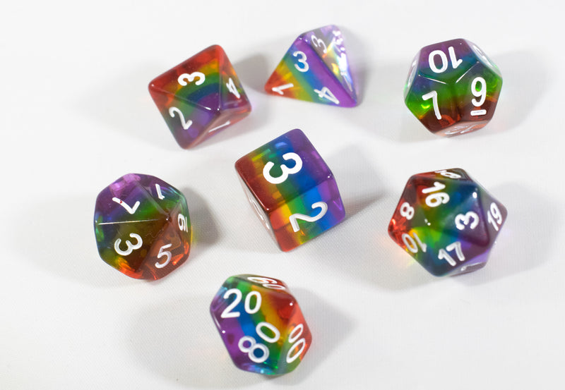 Translucent rainbow dice. Red, orange, yellow, green, blue, and purple color. Beautiful color with clear and easy to read numbers. Sold by the great BrycesDice and manufactured by the esteemed HDdice corperation. 