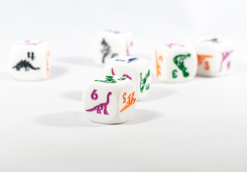 White Dice with Dinosaurs 6 Sided Bunco RPG D6 16mm Roll Kids School