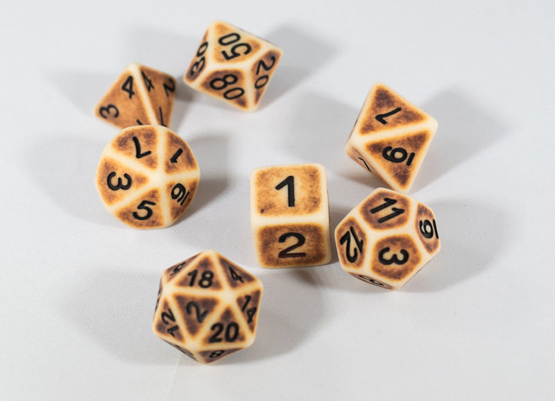Ancient Tan with Faux Brown Wearing Poly Dice Set (7) Tan Acrylic Black Numbers HDdice