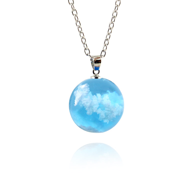 Cloudy Sky Blue Resin Sphere Necklace Pendant White Clouds