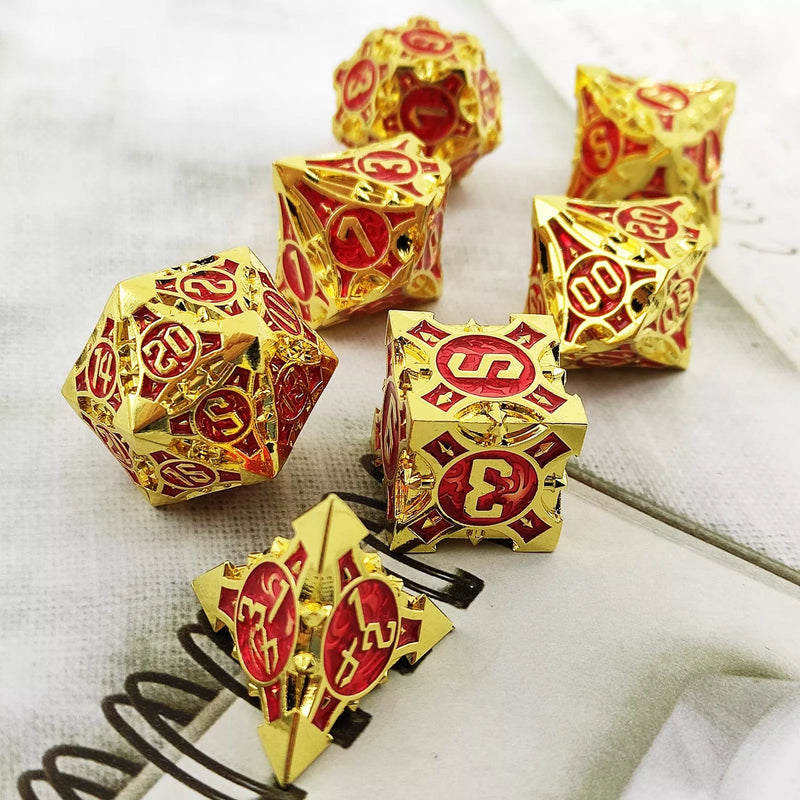 Gold w/red Barbed Strengthened Metal 7-Dice Set | Metal DND Dice