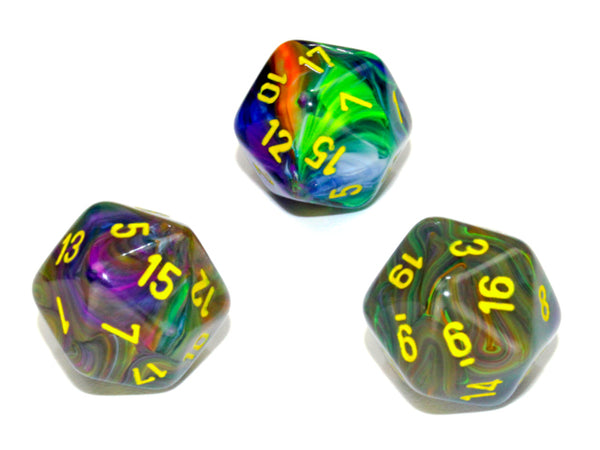 Single d20 Festive® Polyhedral Rio/yellow d20 (Sold per die)