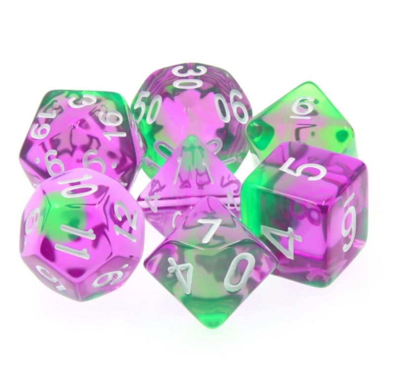 Violet Evergreen Translucent Purple/ Green Poly Dice Set with White (7) RPG DnD HdDice